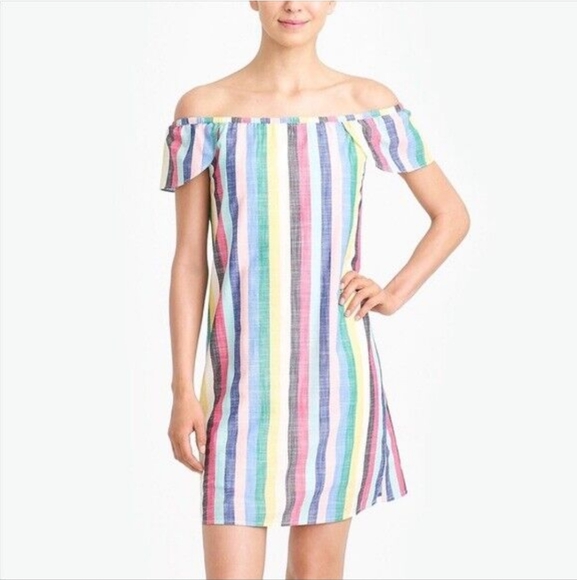 J.Crew Factory Size 6 Colorful Candy Stripe Off Shoulder Dress Cotton Short 160 - Picture 5 of 10